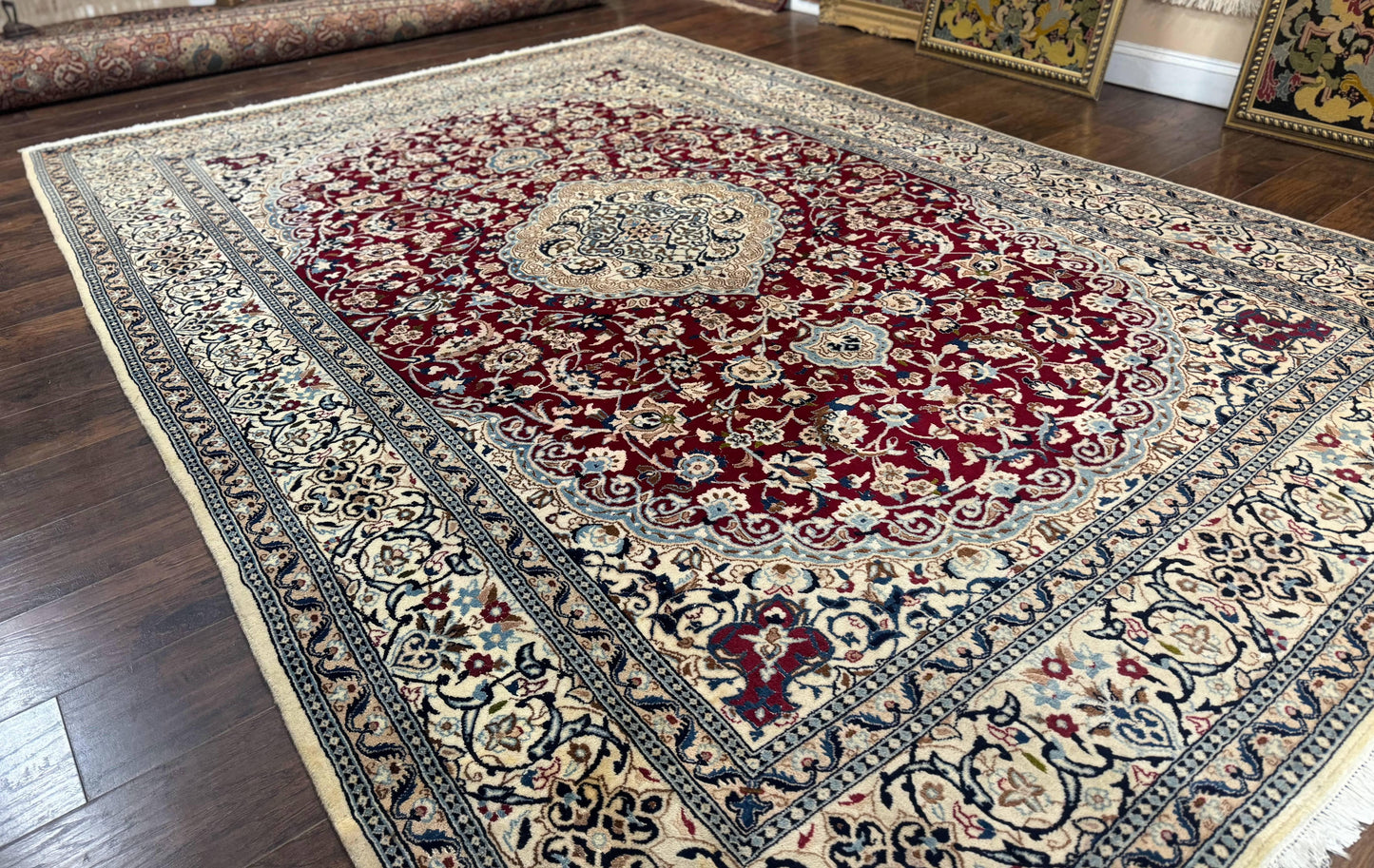 Persian Nain Rug 8x11 Wool Silk Highlights Burgundy Ivory Floral Medallion