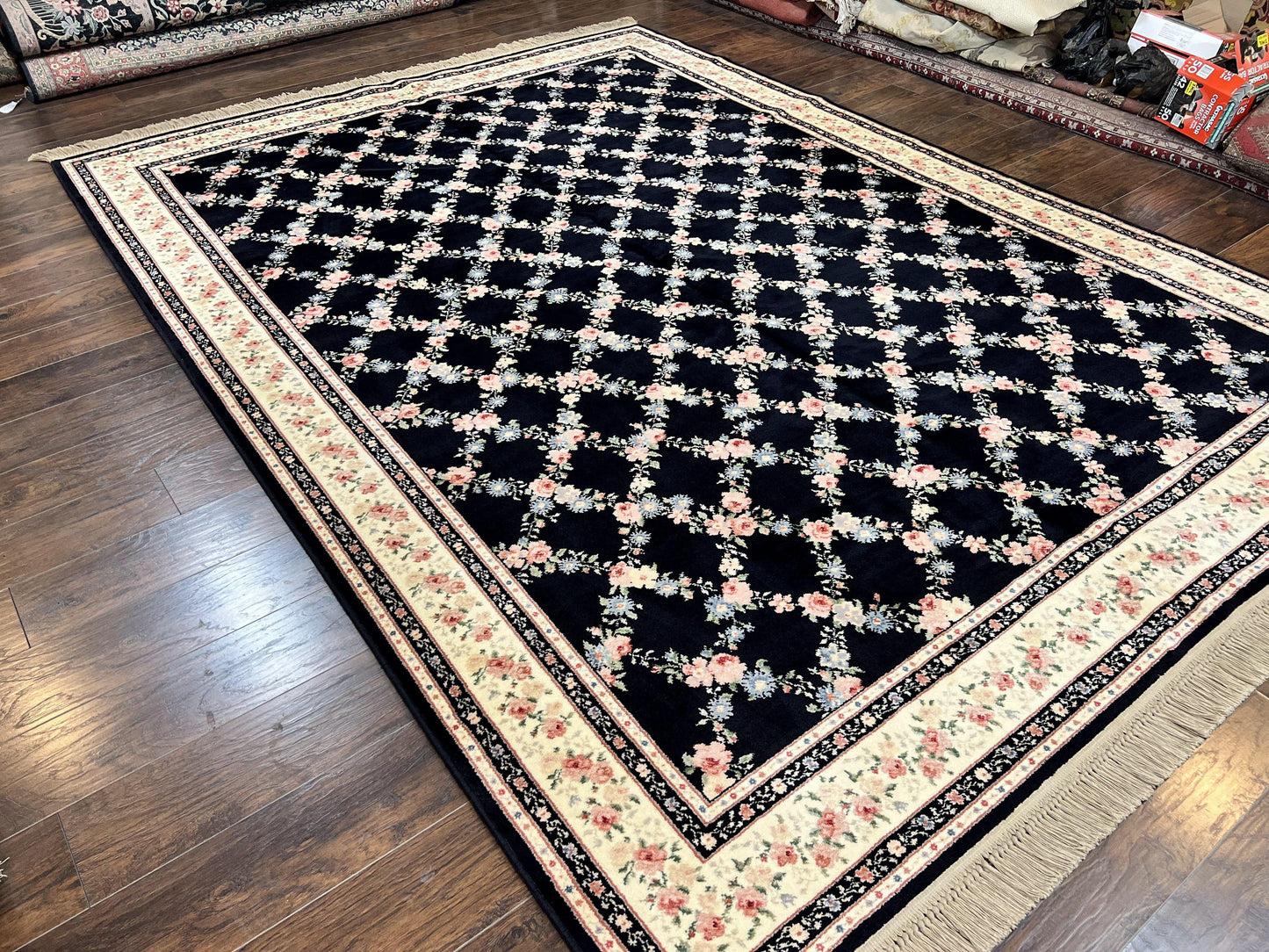 Karastan Rug 8' 8" x 12" Garden of Eden Collection Ebony Trellis #509/1270, Wool Pile Discontinued Vintage Karastan Carpet, Room Sized Rug