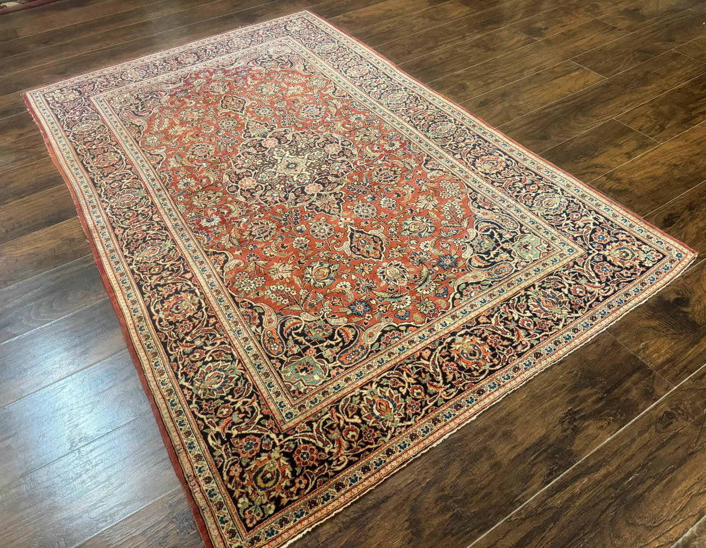 Persian Kashan Rug 4x7 Vintage Red Floral Medallion Handwoven Wool