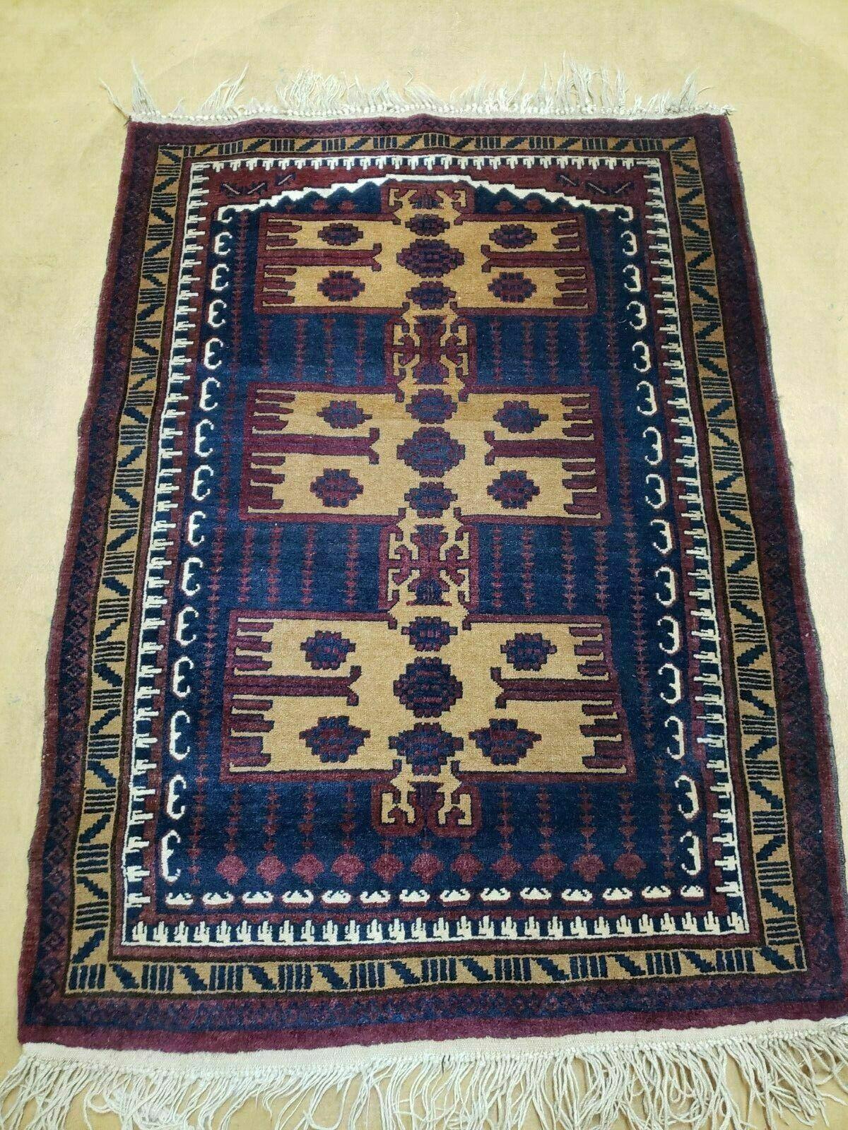 Vintage Balouchi Rug Tribal Wool 3x4 Handmade Natural Dyes