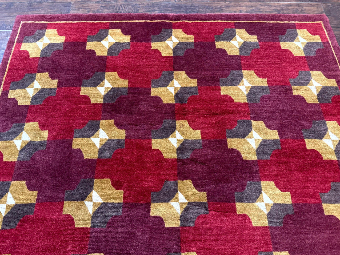 Modern Tibetan Rug 5 x 6.8, Wool, Red, Allover Pattern, Nepali Rug, Abstract Rug, Handmade Area Rug