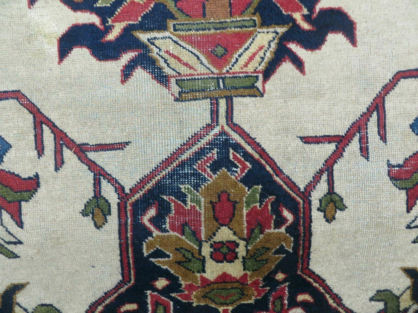 Persian Tabriz Rug 10x13 Oriental Carpet, Ivory Open Field, Geometric Medallion, Red Blue, Hand Knotted, Large Wool Area Rug Vintage Antique 1950s