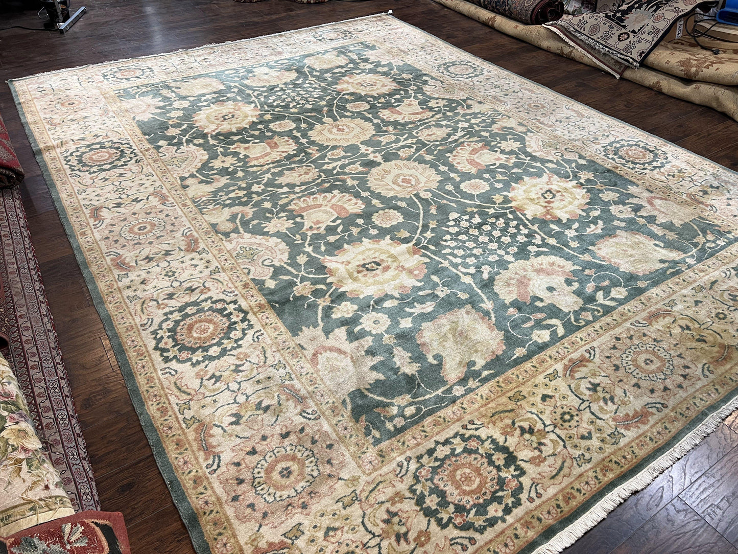 Egyptian Mahal Rug 10x14, Large Vintage Floral Hand Knotted Wool Carpet 10 x 14, Dark Green and Beige Traditional Handmade Persian Area Rug