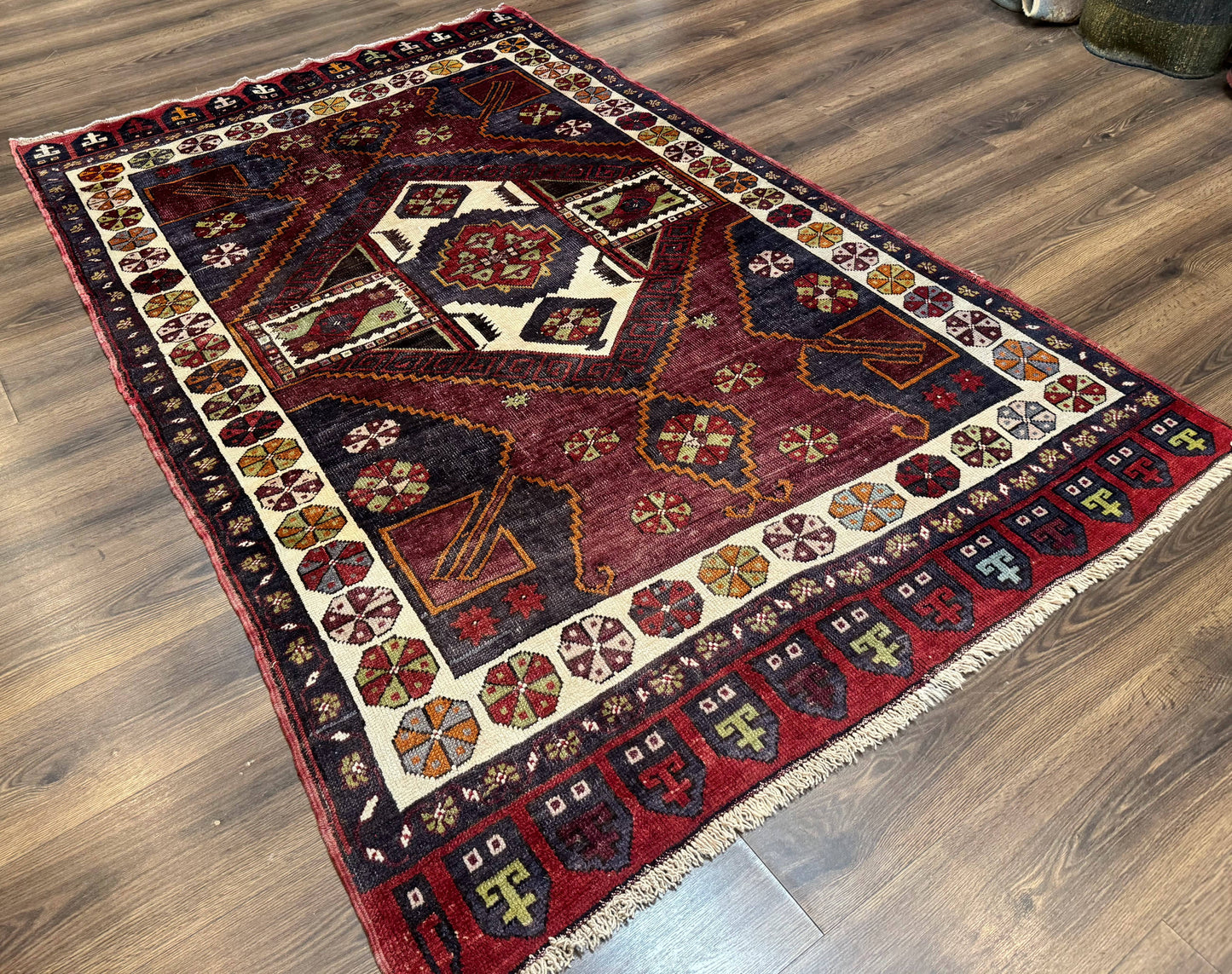 Turkish Kazak Rug 5x7 Geometric Hand Knotted Wool Semi Antique