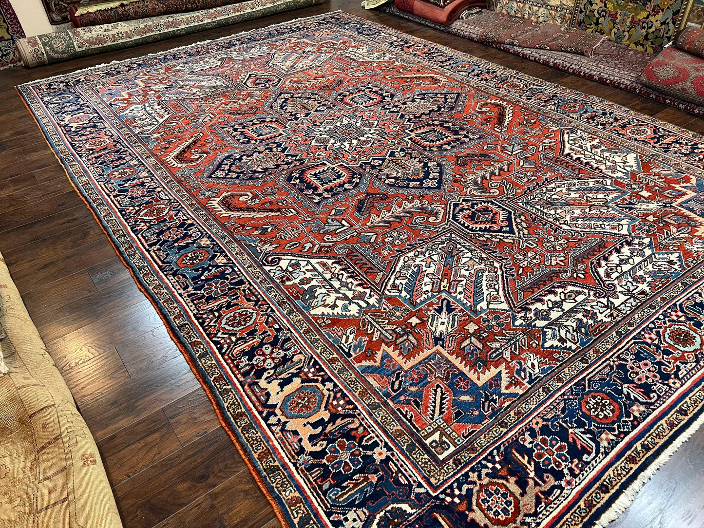 Antique Persian Heriz Rug – 11x16 Palace Size, Geometric Medallion, 1920s