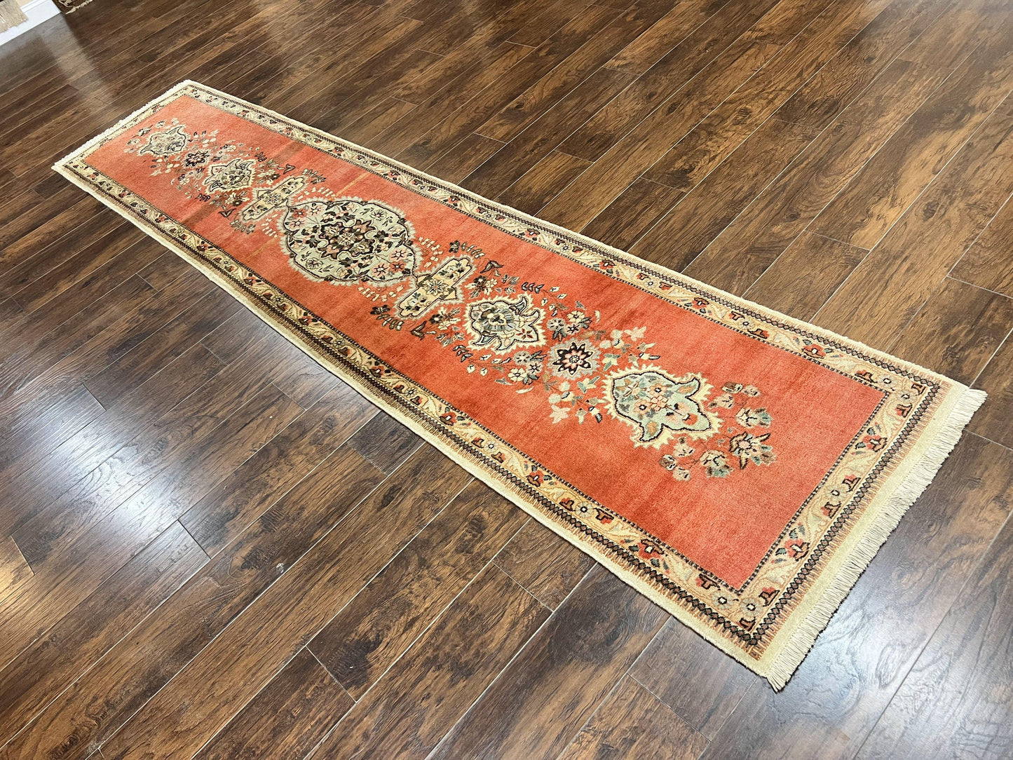 Persian Tabriz Runner Rug 3 x 12, Vintage Hand Knotted Wool Oriental Hallway Carpet, Light Red Beige Tan, Fine Weave, Semi Open Field, Traditional