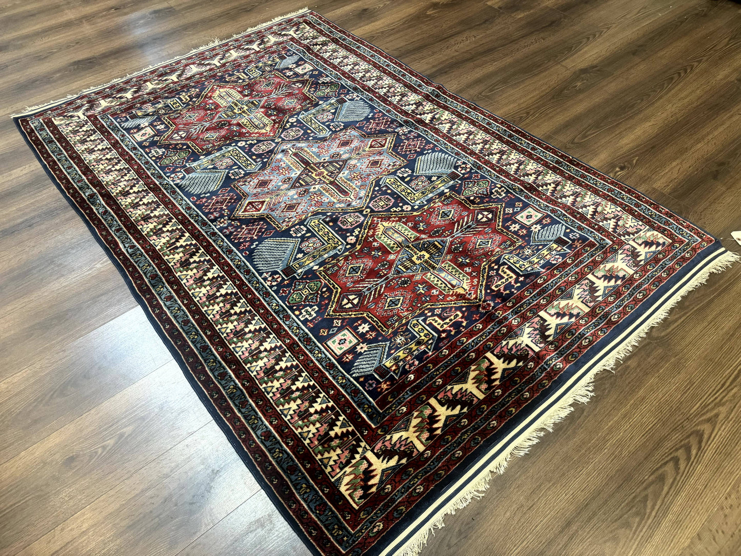 Indian Rug with Caucasian Design, 4x6 Geometric Carpet, Navy Blue and Cream