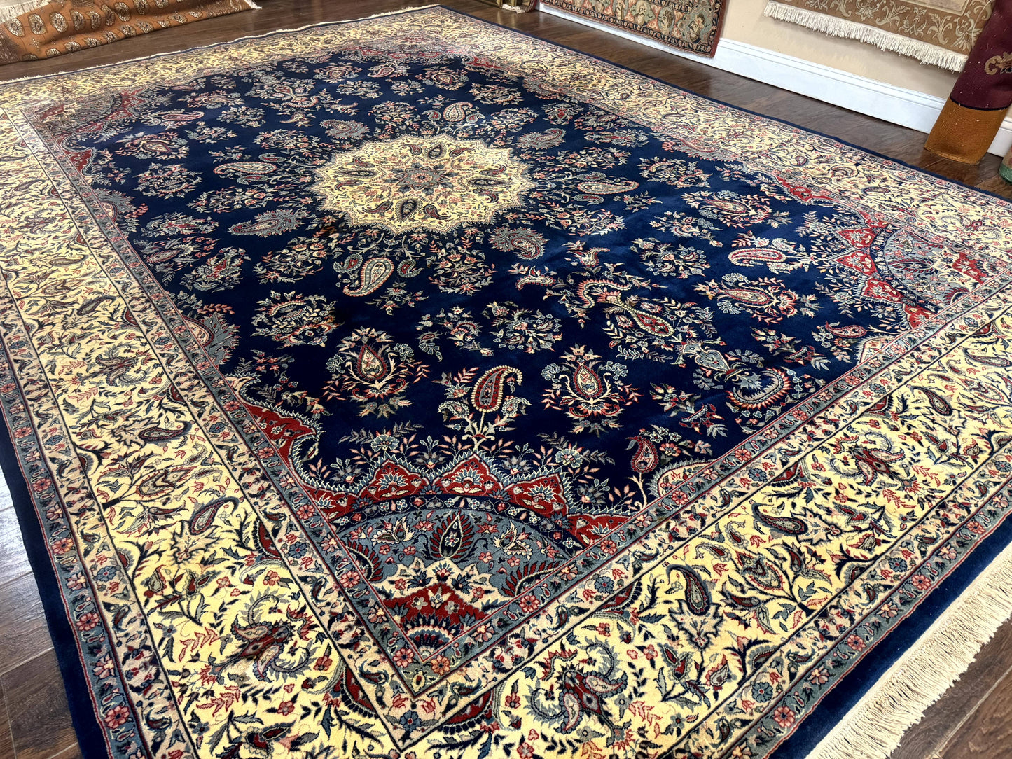 Persian Kerman Rug 10x14 Wool Floral Medallion Handmade Blue And Beige