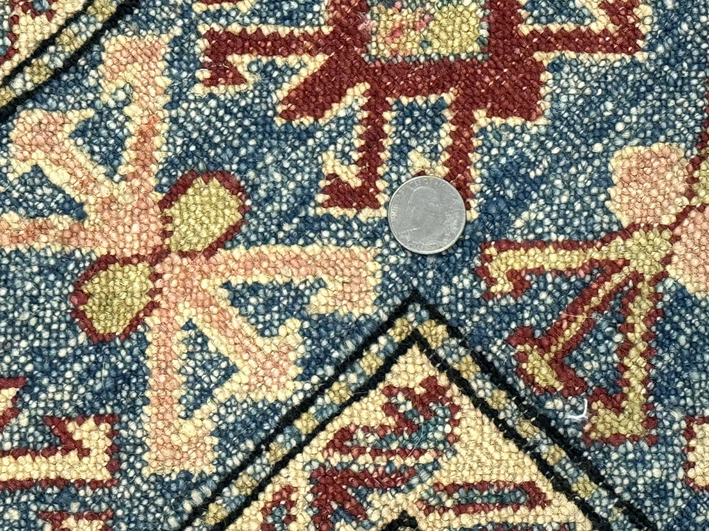 Turkish Kazak Rug Handmade Vintage Wool Carpet Geometric Design Red And Light Blue