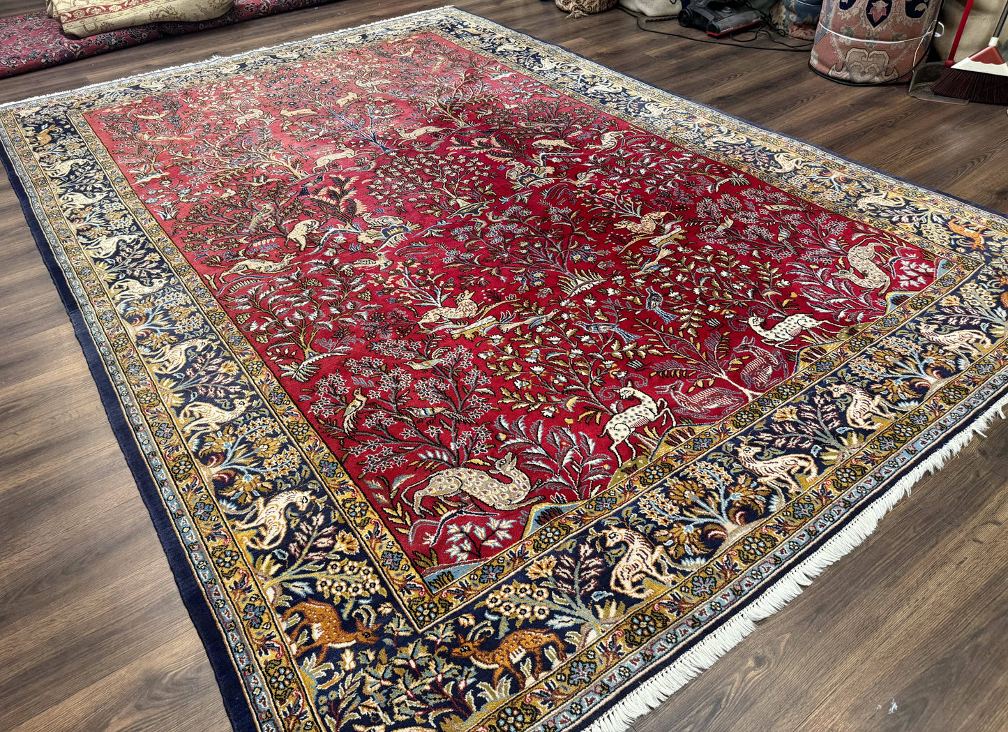 Persian Qum Rug 9x12 Tree of Life Pictorial With Deer Birds Floral In Red And Navy