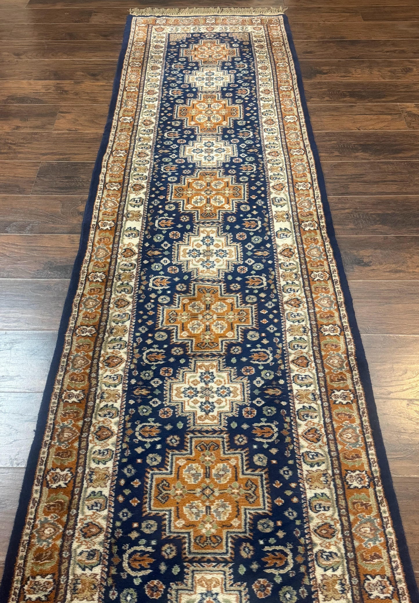 Indo Persian Runner Rug 2.6 x 12.7, Indian Kashmiri Runner for Hallway or Kitchen, Navy Blue, Geometric Medallions, Handmade Wool