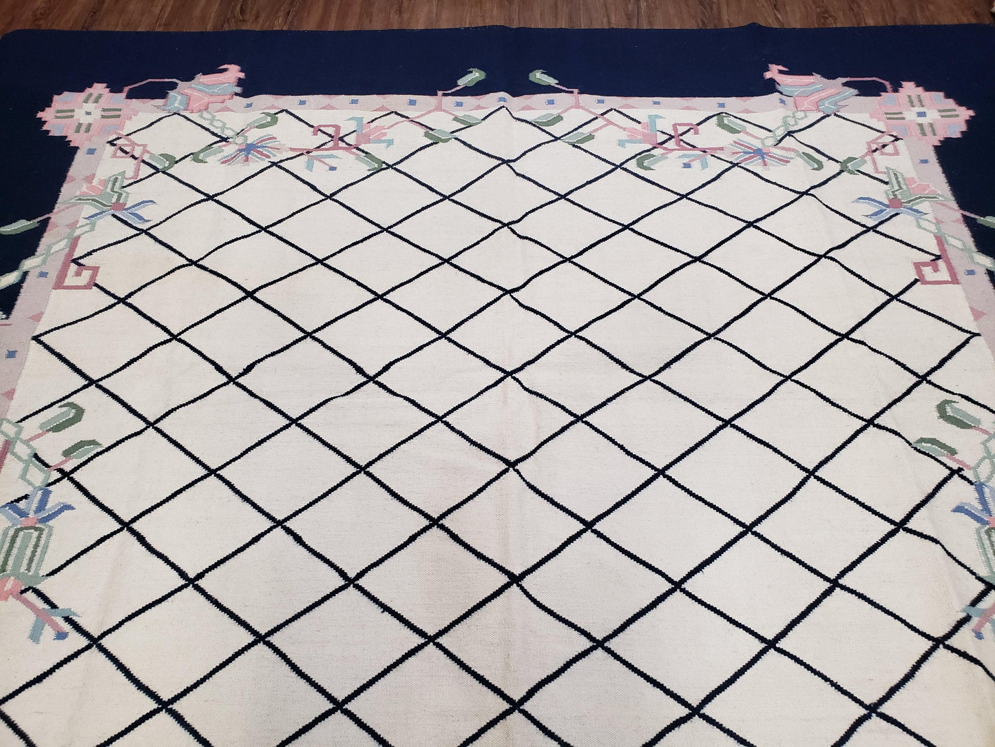 Vintage Dhurrie Rug, Indian Dhurrie 8x11 - 9x11, Wool Hand-Woven Ivory & Black Indo Carpet, Large Flat Weave Rug Living Room Rug Black White