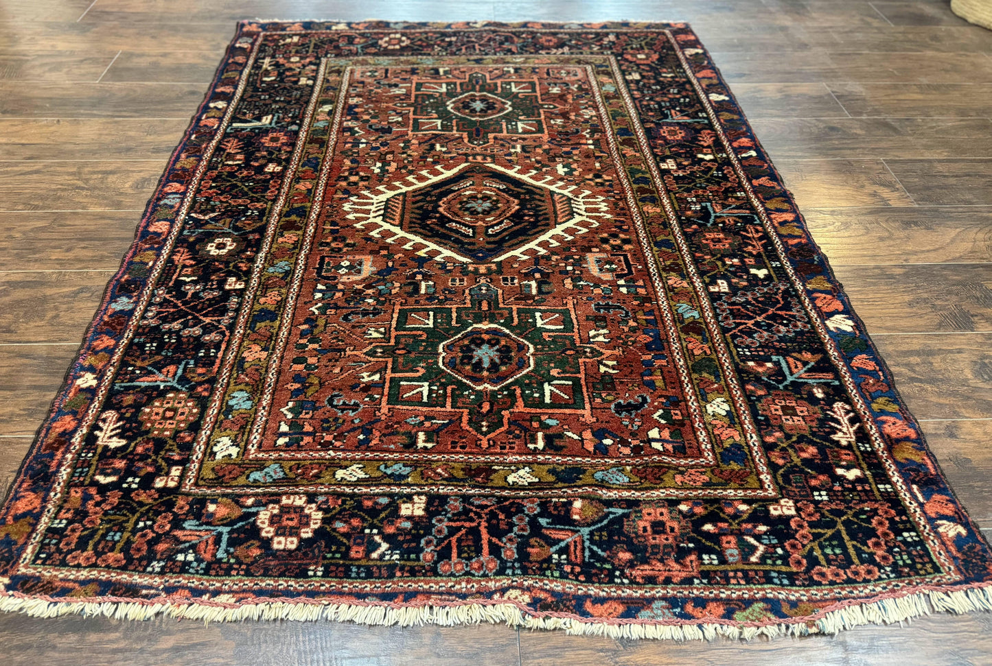 Antique Heriz Rug Persian 5x6 Karajeh Geometric Hand Knotted Wool