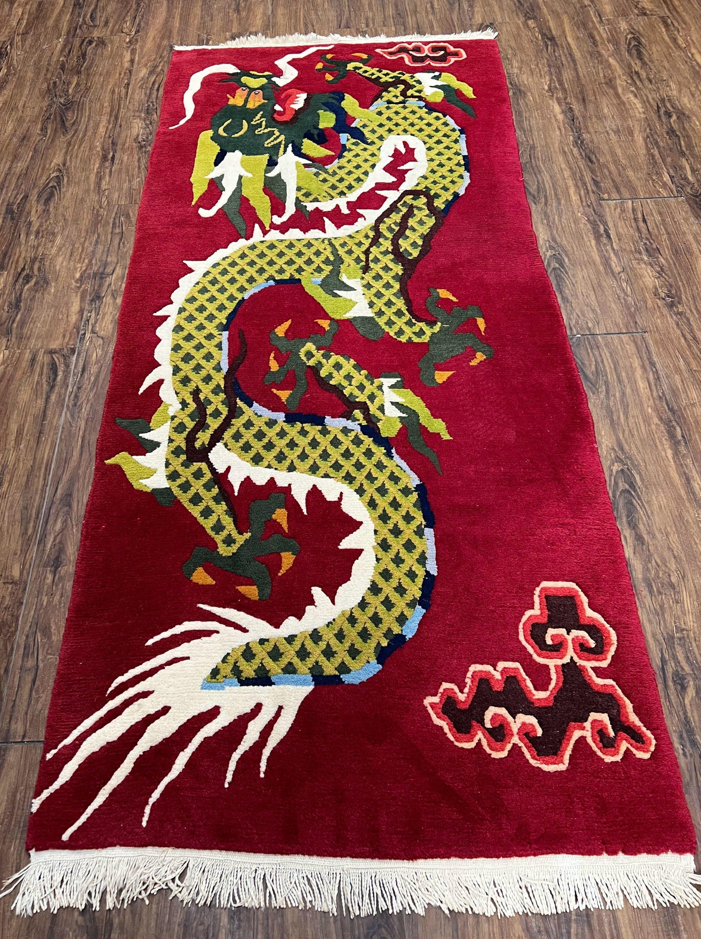 Vintage Chinese Dragon Rug 3 x 6.8, Handmade Hand Knotted Red Chinese Carpet with Gold Dragon, Art Deco Peking Soft Chinese Rug Runner