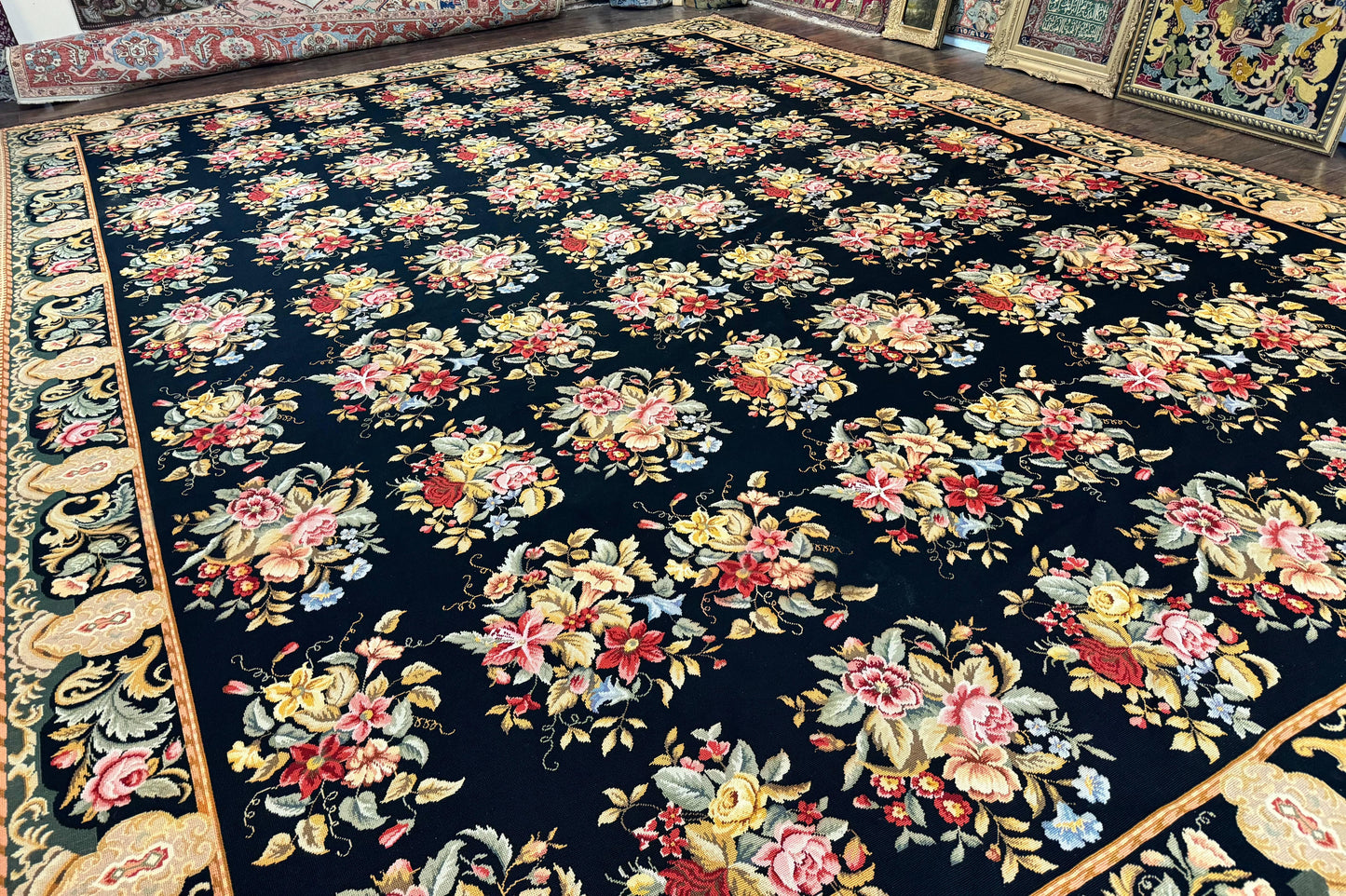 Palace Size Needlepoint Rug 12x16 Handmade Wool Floral Panel Black and Colorful