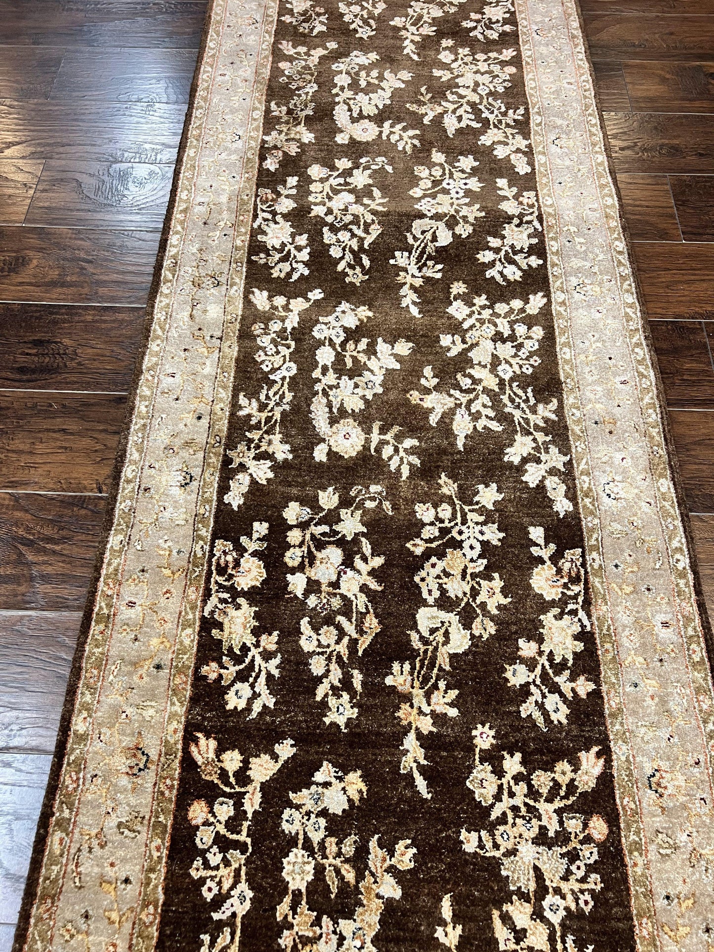 Peshawar Runner Rug 3 x 20, Wool Hand Knotted Vintage Pakistani Carpet, Brown & Taupe, Chobi Mahal Floral Rug, Extra Long Hallway Runner