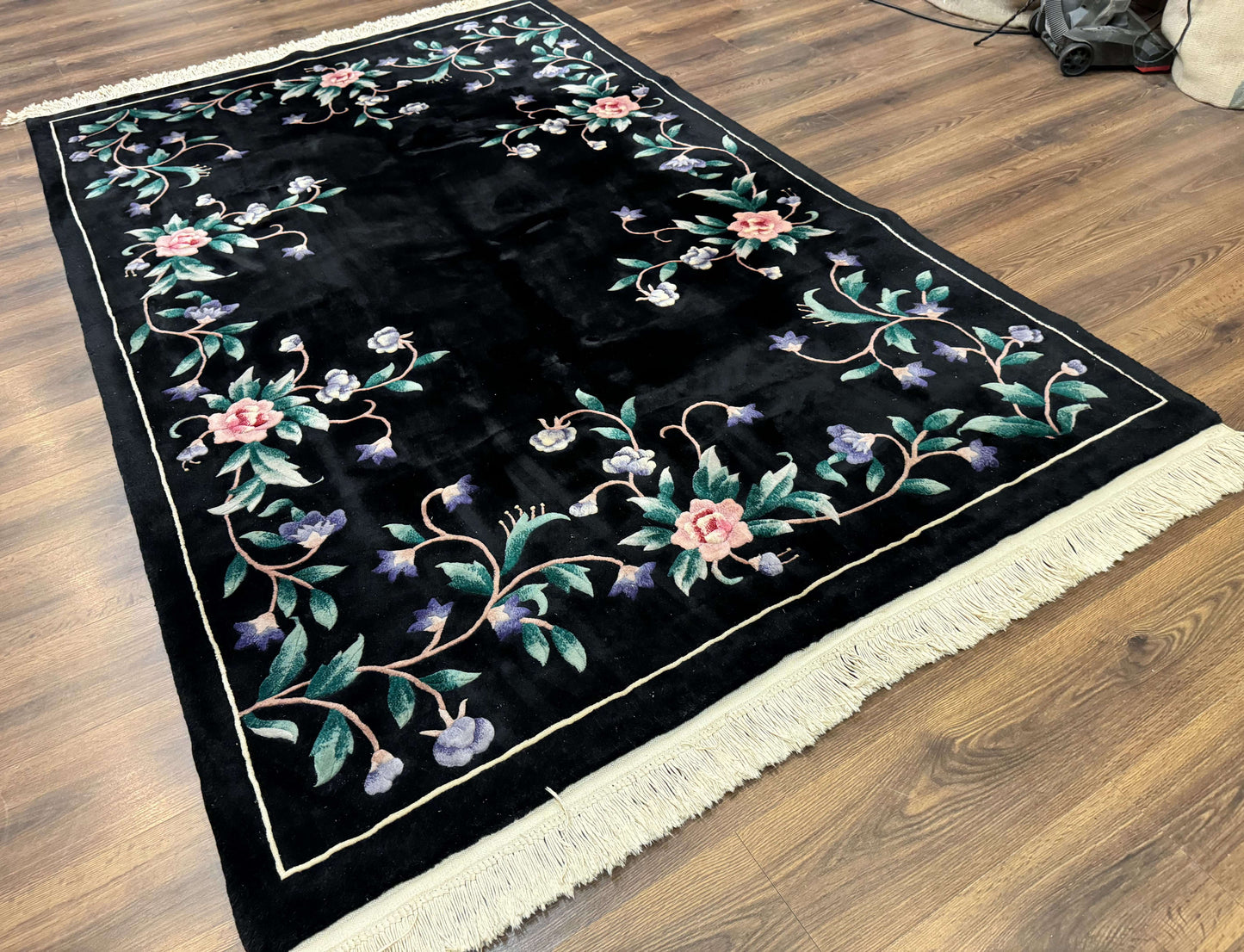 Chinese Wool Rug 6x9 Vintage Black Floral Minimal Design Art Deco Handmade Hand Knotted