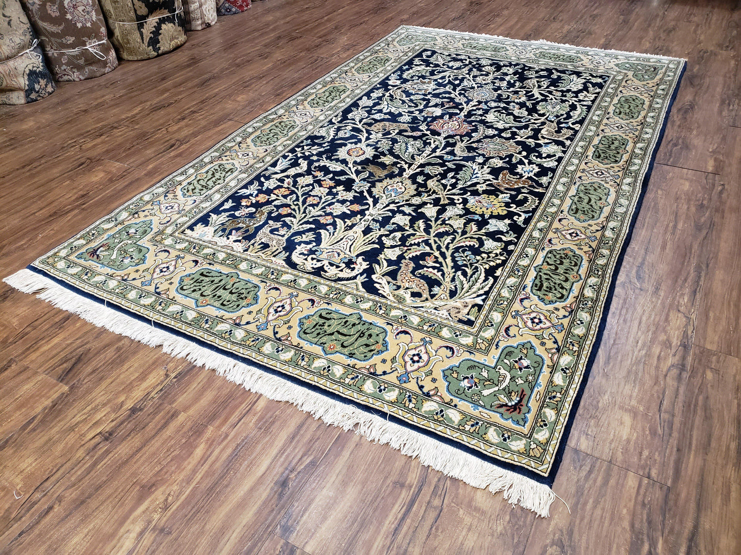 Persian Qum Tree Of Life Rug Hand Knotted Wool Midnight Blue And Tan With Poem Borders 4ft 8in By 7ft 8in
