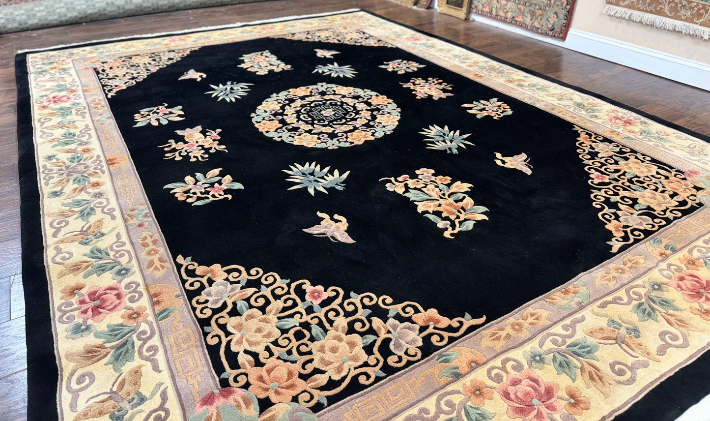 Chinese Wool Rug Hand Knotted Vintage Floral Medallion 9x12 Oriental Carpet