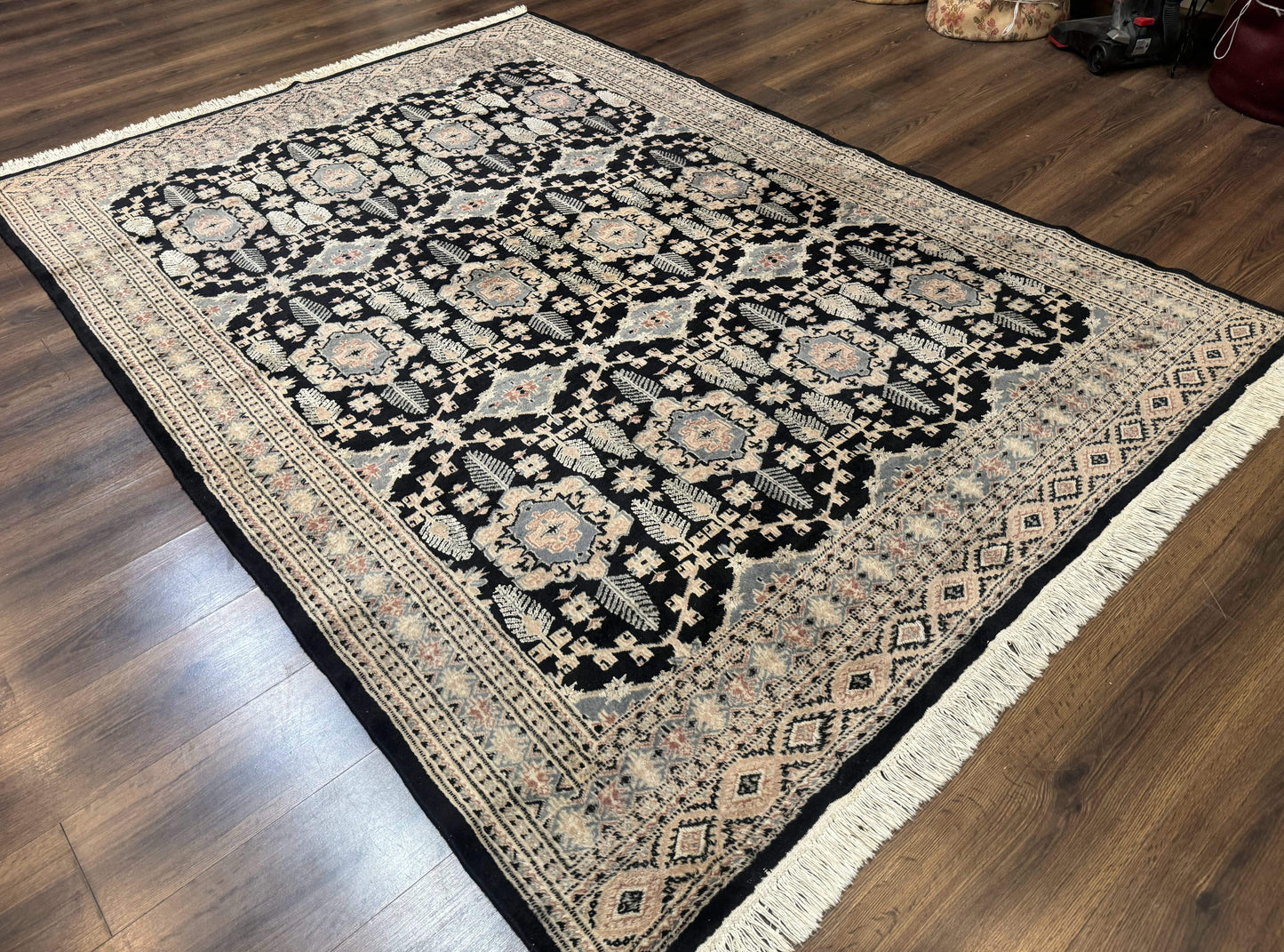 Turkoman Bokhara Rug 6x9 Hand Knotted Wool Carpet Black Handmade Authentic Pakistani