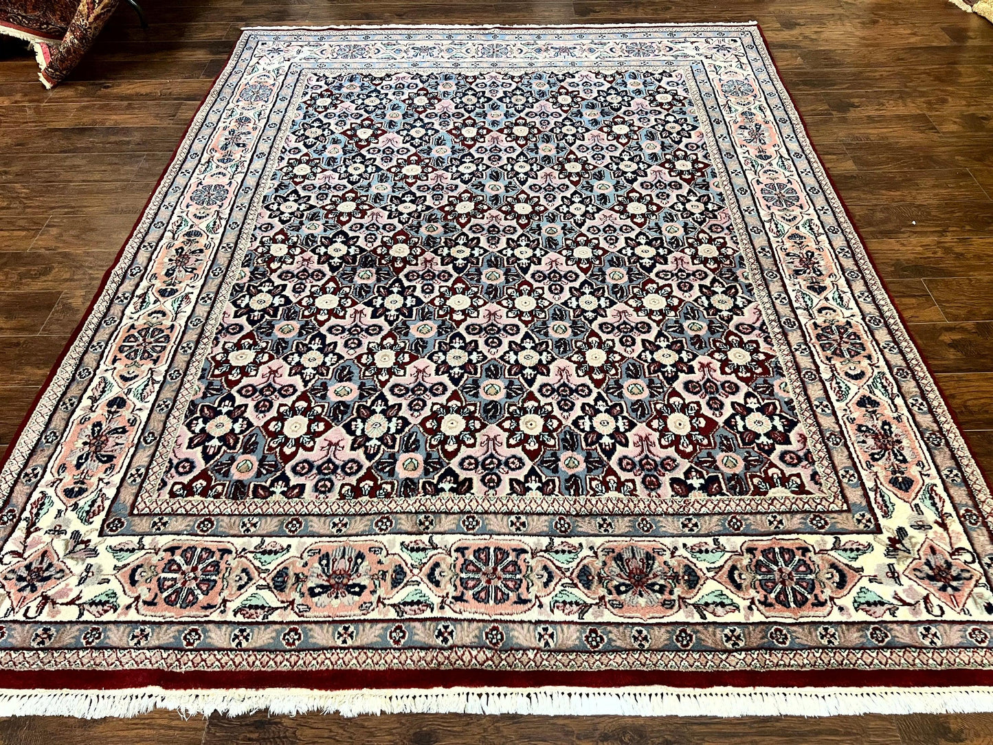 Indo Persian Rug 8x10, Repeated Allover Pattern, Navy Blue Ivory, Handmade Vintage Wool Carpet