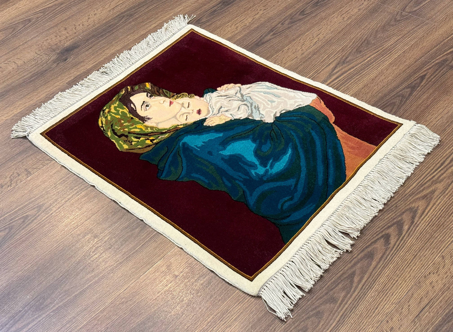 Small Persian Tabriz Pictorial Rug 2x2, Mother Holding Child, Very Fine 340 KPSI, Maroon