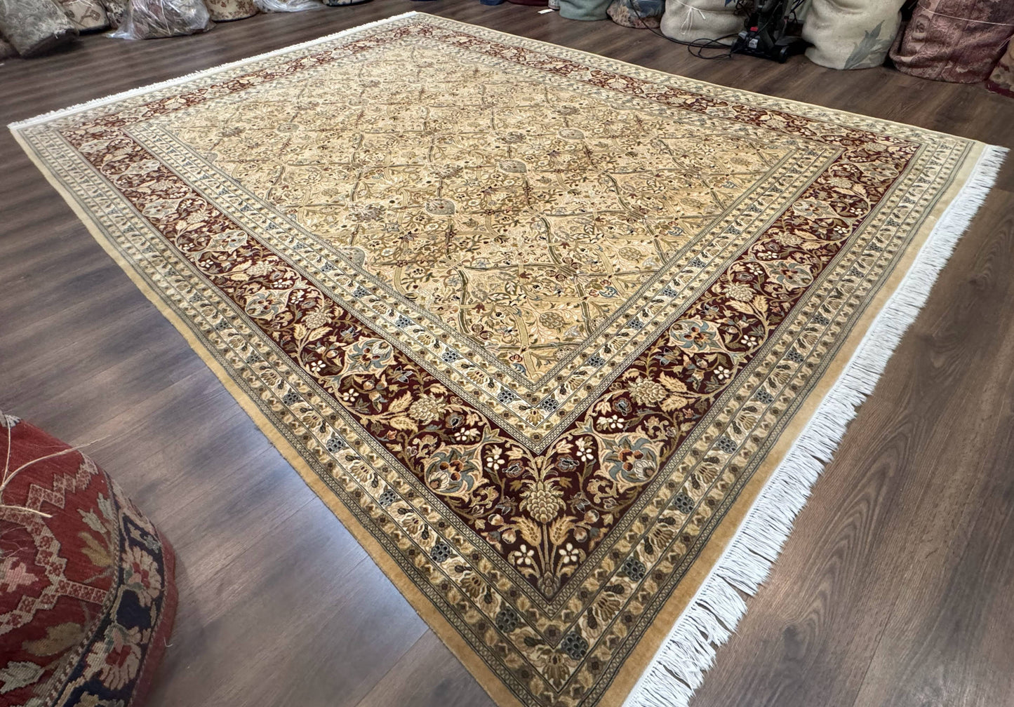 Pak Persian Rug 9x12 Handmade Wool Panel Design Gold And Wine Red