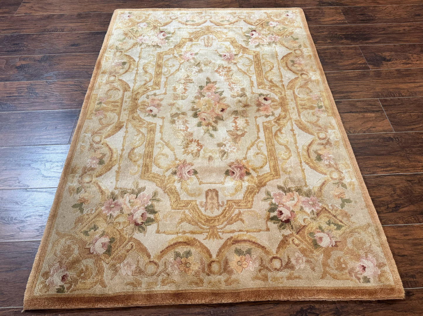 Handmade Chinese Aubusson Rug 3.6 x 5 Beige and Gold Vintage European Design