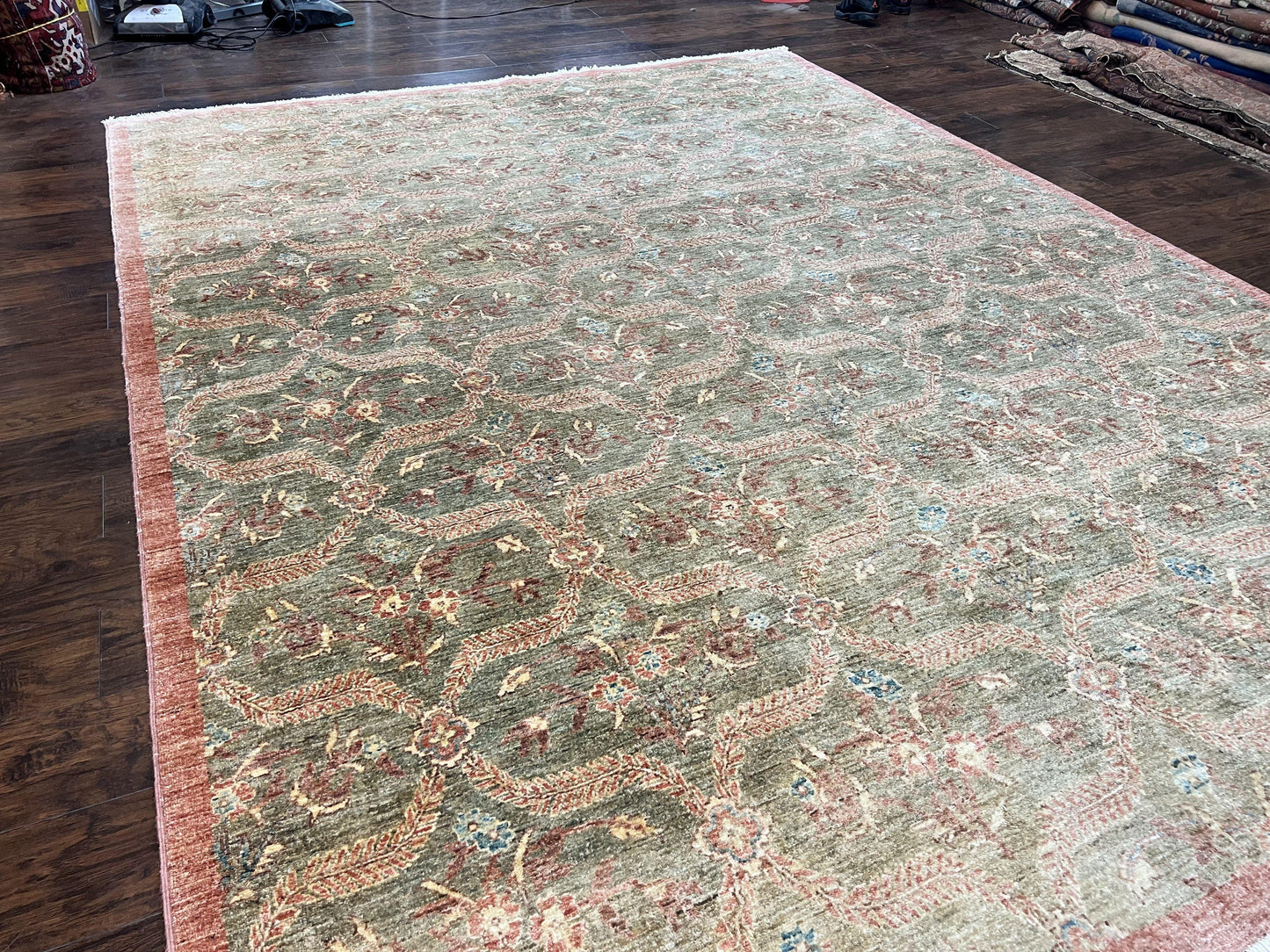 Large Modern Pakistani Rug 9x12, Handmade Wool Carpet, Peshawar Rug, Hand Knotted Oriental Rug, Contemporary, Floral, Light Green