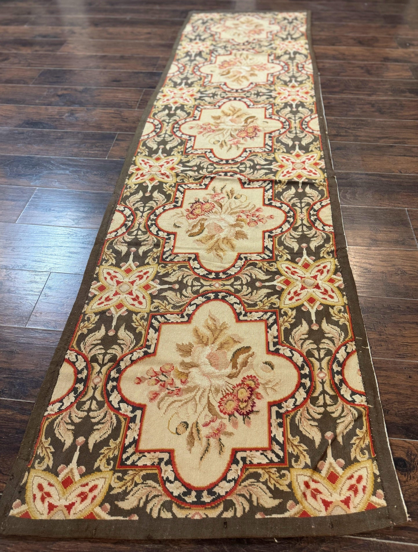 Needlepoint Runner Rug 2.7 x 9.7, European French Design, Wool, Handmade, Vintage