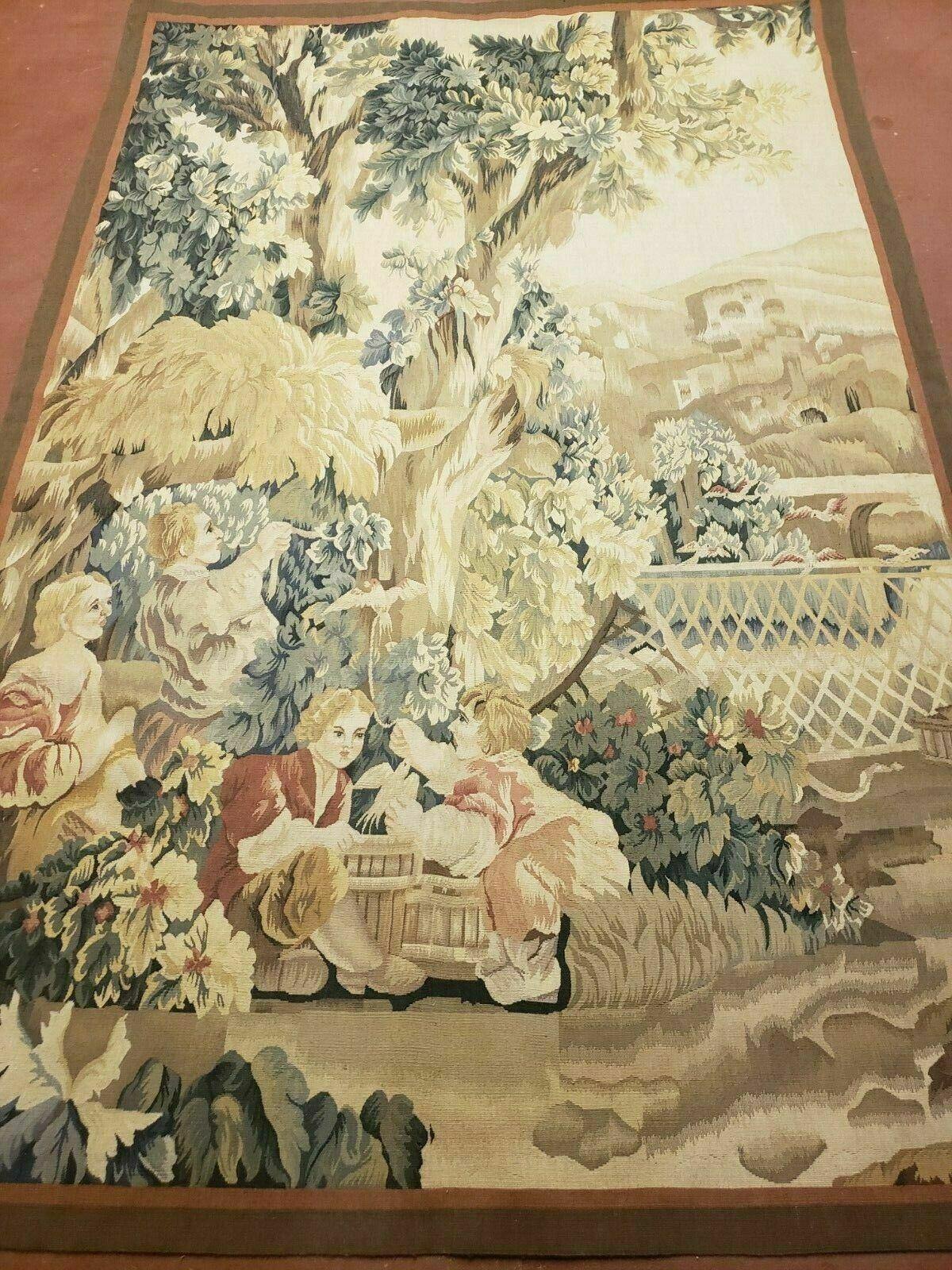 Aubusson Tapestry French Design Handmade Nature Theme Wall Hanging 4x6 Feet