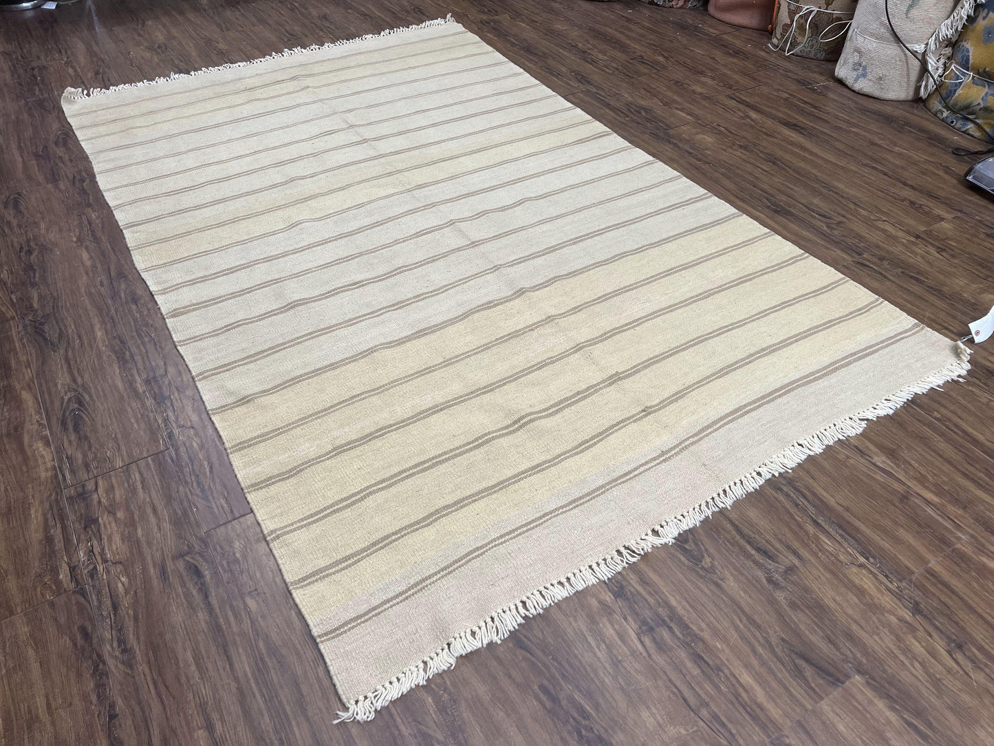 New Turkish Kilim Rug 5x8 Flatweave Wool Carpet Hand Woven Bohemian Contemporary Striped Gray Taupe