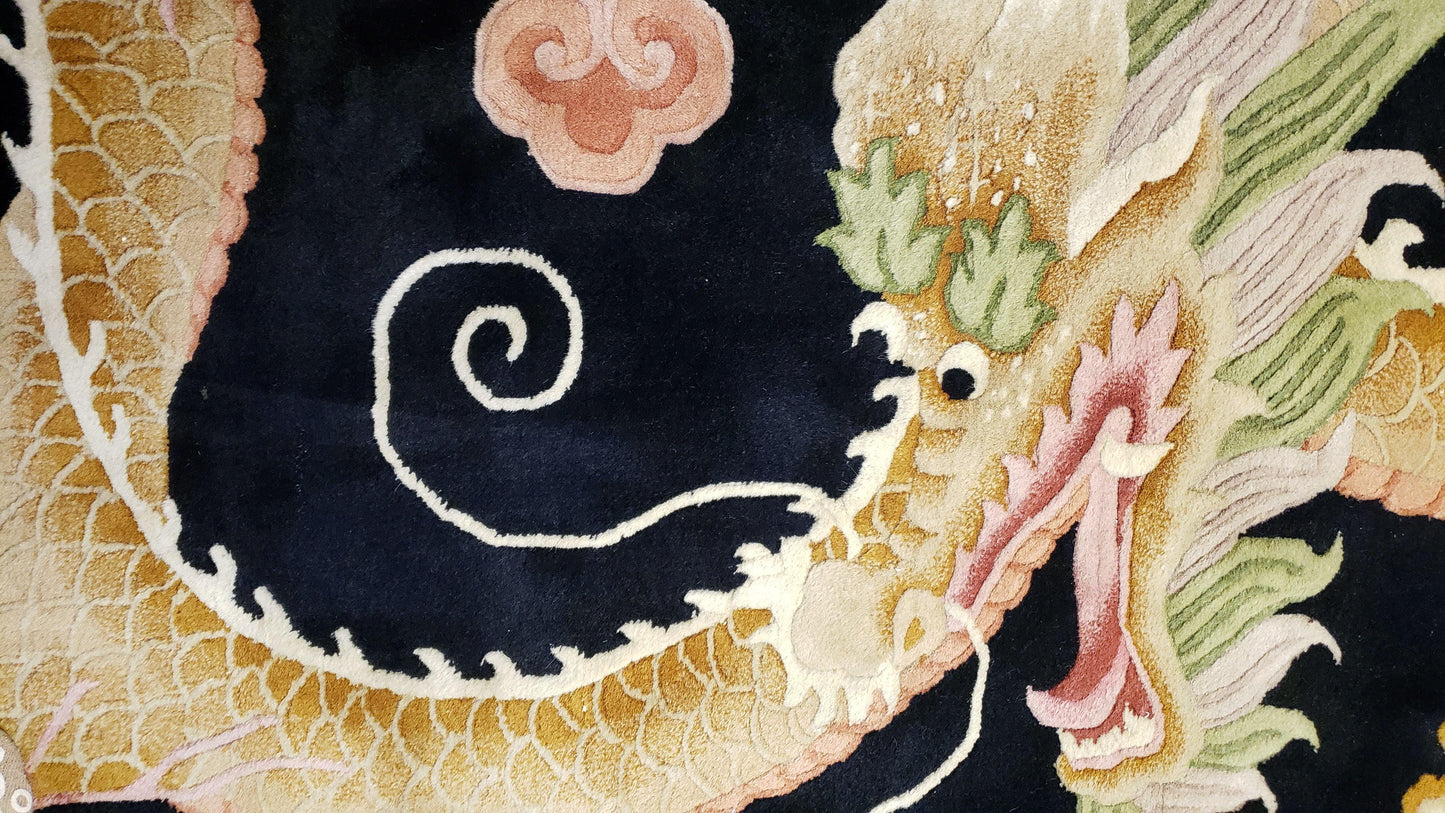 Antique Chinese Art Deco Rug 6x9 Hand Knotted Wool Dragon Black