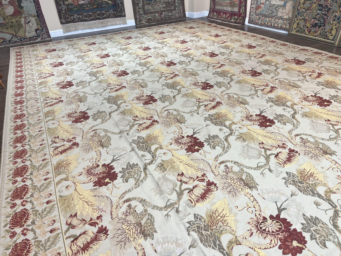 Extra Large Needlepoint Rug 14 x 20, Vintage Handwoven Handmade Wool Flatweave Carpet, Allover Floral Pattern, Elegant European Deisgn Rug