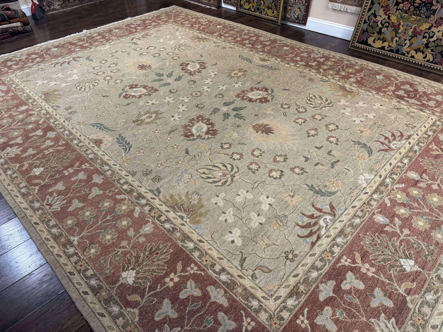 Large Turkish Soumak Rug 10x14, Flatweave Dhurrie, Handmade, Light Green and Salmon