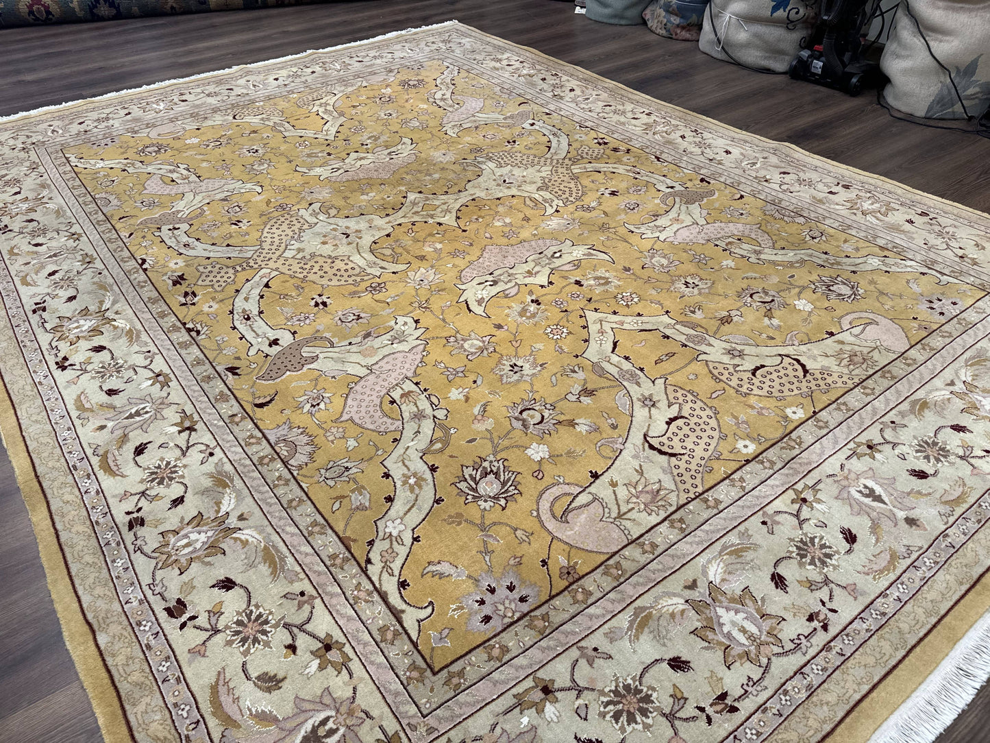 Sino Persian Rug 8x11, Wool with Silk Highlights, Unique Colors, Gold and Light Green, Fine 240 KPSI