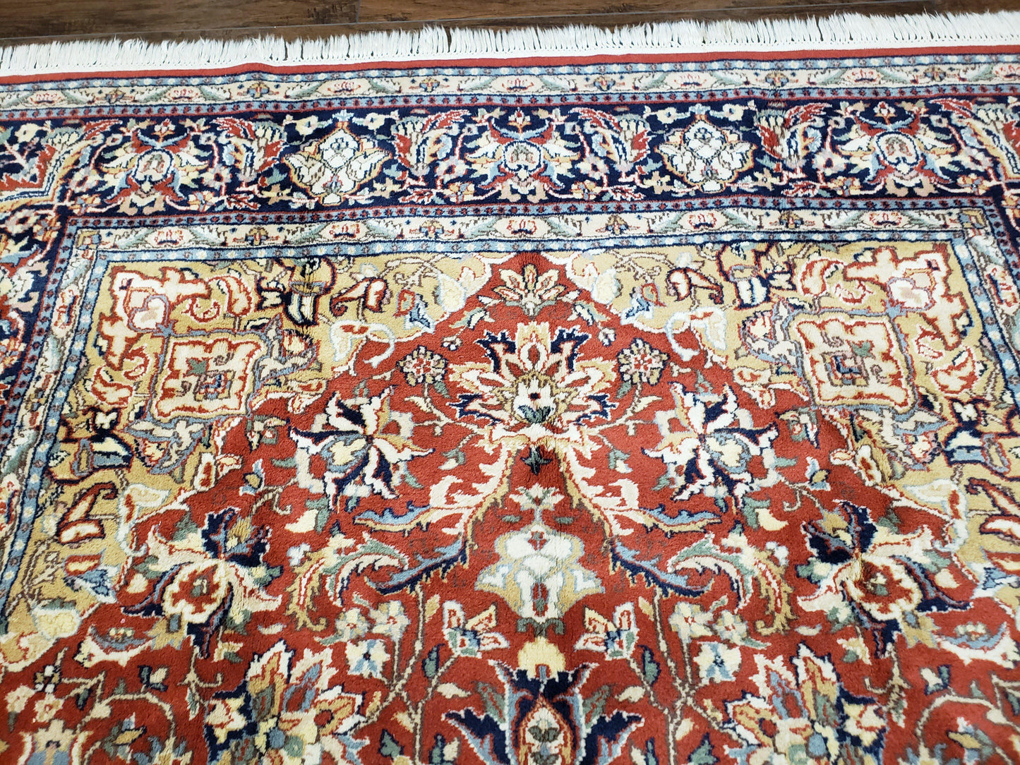 Vintage Indo Persian Oriental Rug 6 x 9.6, Wool Hand-Knotted Red Dark Blue & Gold Indian Carpet, 6 x 9 Office Room Rug, Floral Medallion