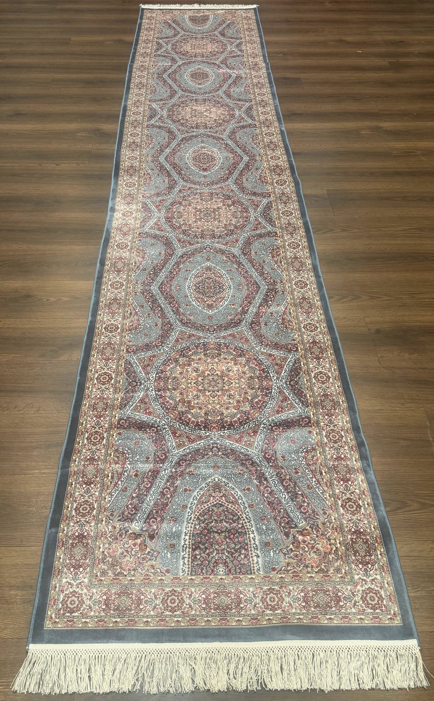 Turkish Silk Runner Rug 2.6 x 13, Blue Runner Rug, Dome Design, Bamboo Silk, New