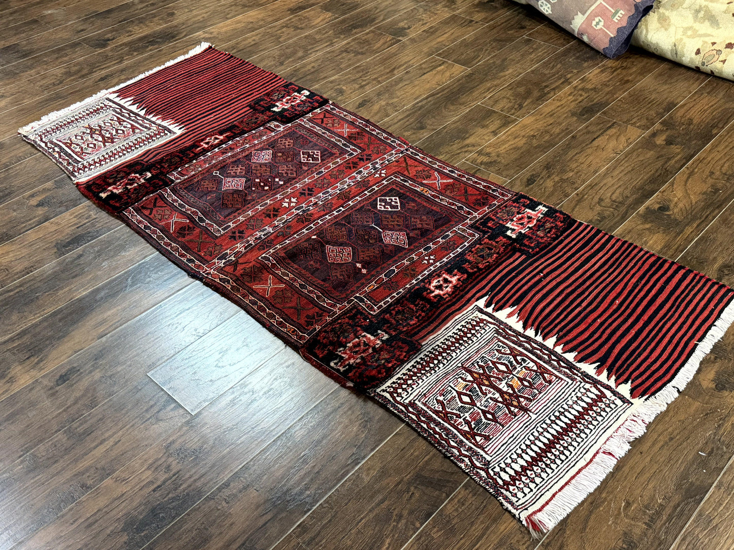 Persian Tribal Nomadic Saddle Cover Rug, Antique, Handmade, Wool, Red Ivory Black, Collectible, Shashavan