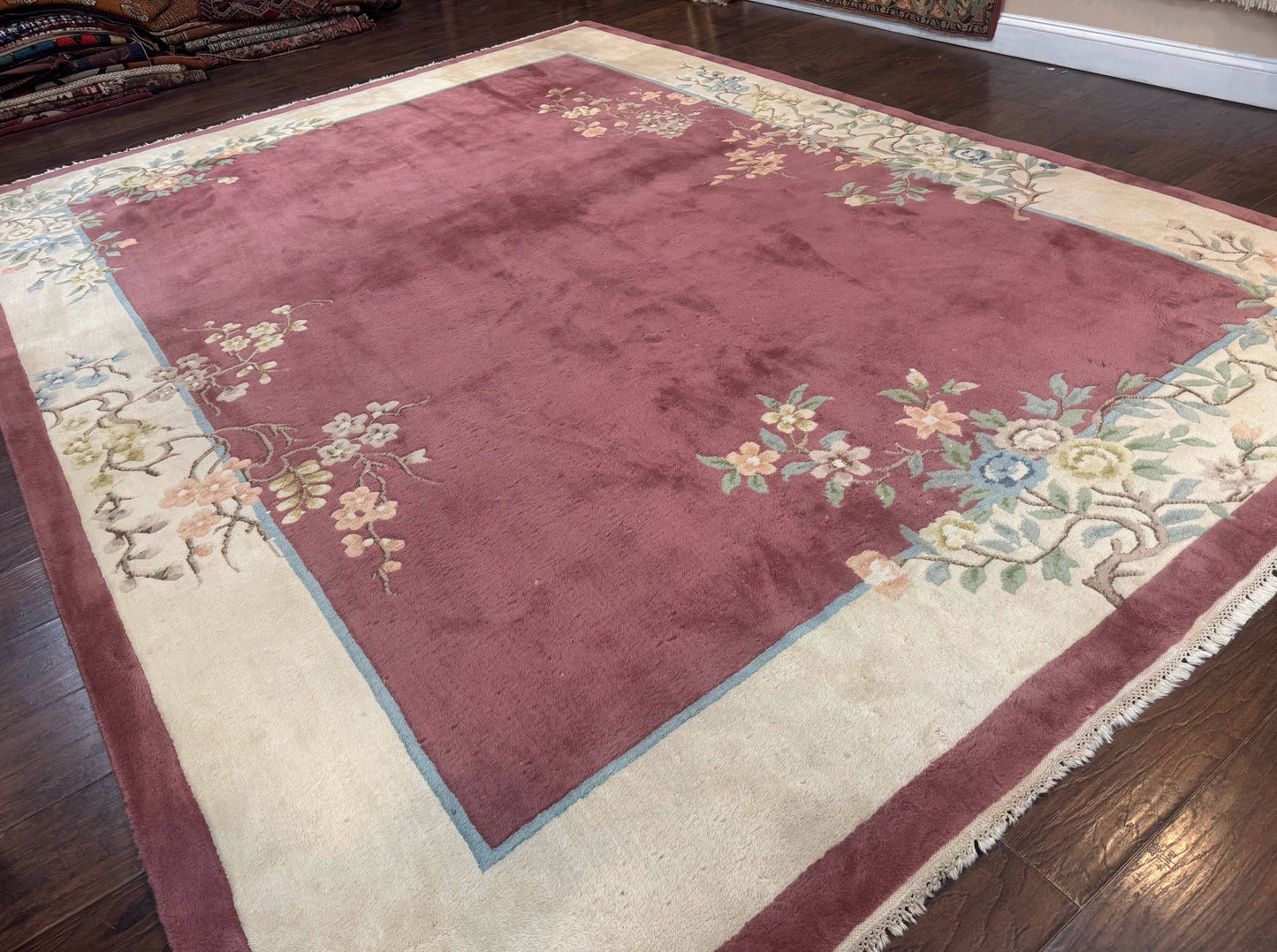 Indo Chinese Art Deco Rug 9x12, Pink and Ivory, Open Filed, Floral, Wool
