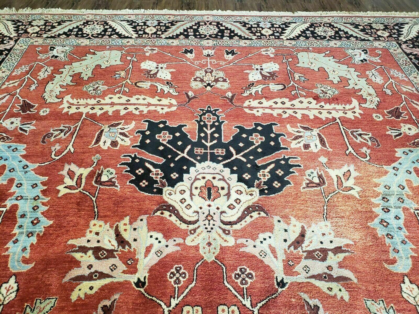 Vintage Handmade Turkish Wool Rug 9 Foot 10 Inch By 14 Foot 2 Inch Hand Knotted Red Black Floral