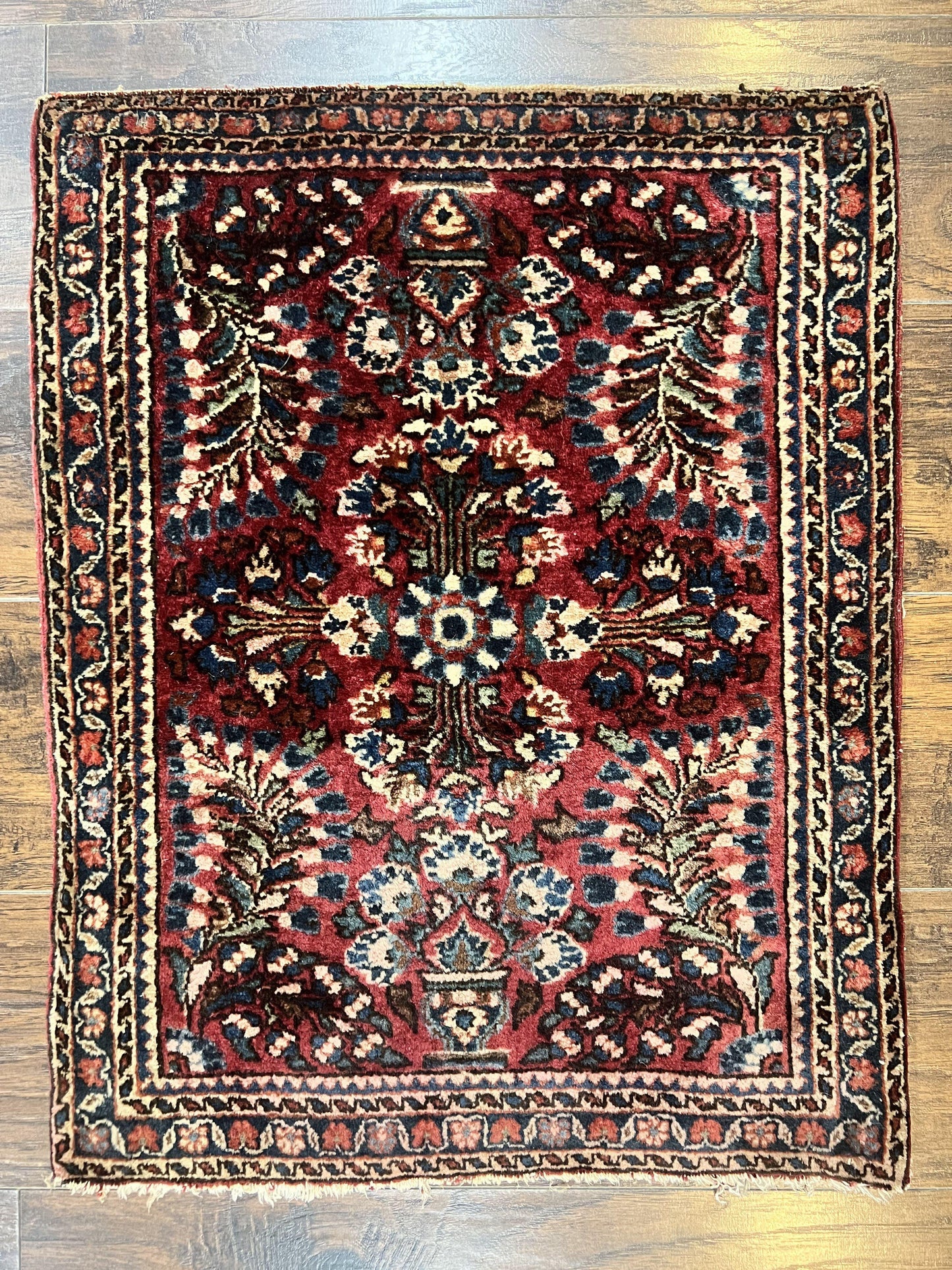 Antique Persian Sarouk Rug Small Two By Two And A Half Wool Handmade Red Floral 1920s 170 KPSI