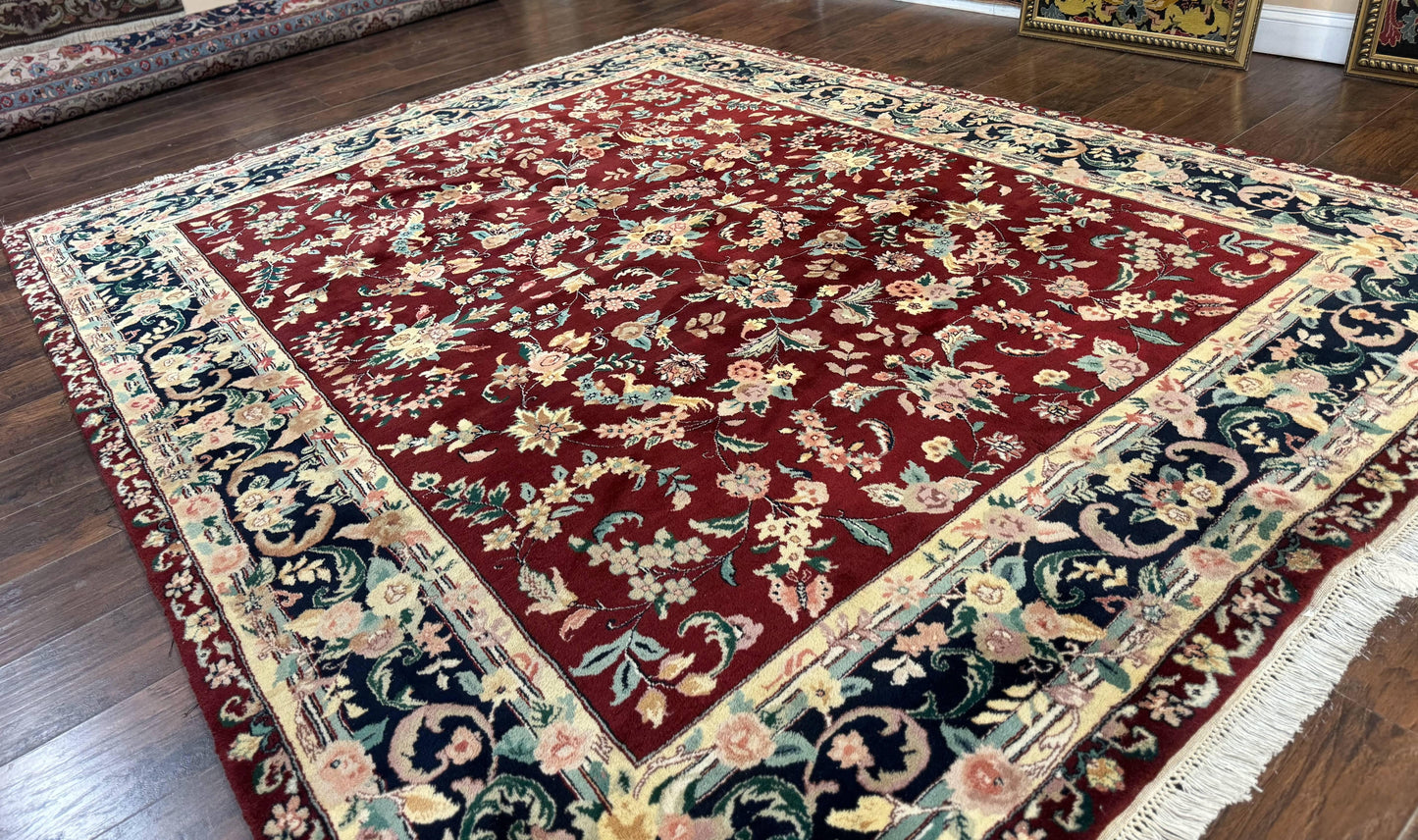 Indo Persian Rug 8x10 Handmade Wool With Floral Bird Pictorials In Maroon And Navy