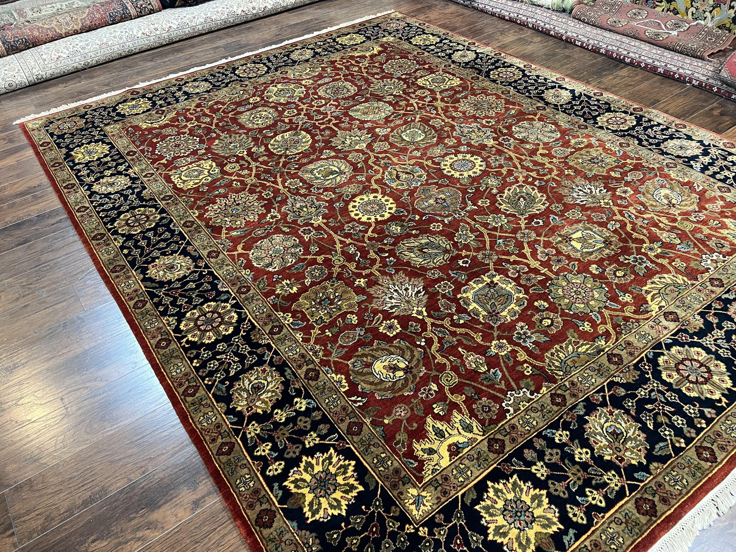 Indo Persian Rug 9x12, Hand Knotted Traditional Indian Wool Oriental Carpet 9 x 12 ft, Maroon and Navy Blue, Floral Allover 9x12 Vintage Rug