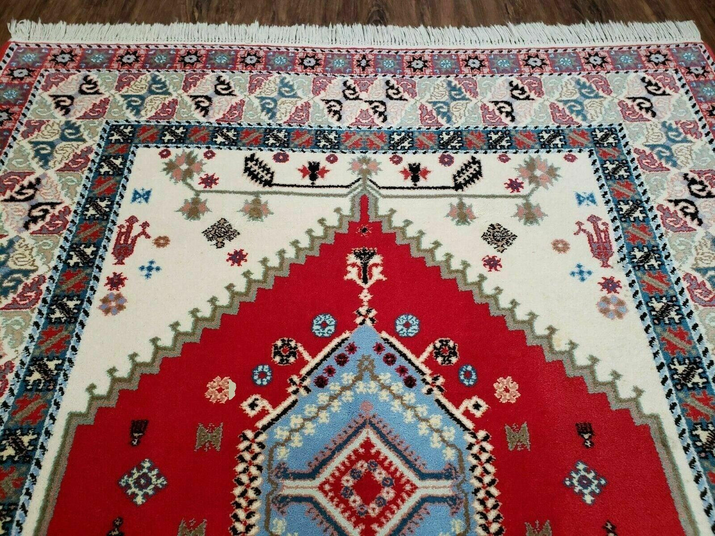 Vintage Moroccan Carpet 5x7 Area Rug, Berber Rug, Handmade Soft Wool Rug, Red Ivory and Blue, Geometric Medallion Rug, Bohemian Rug, Nice