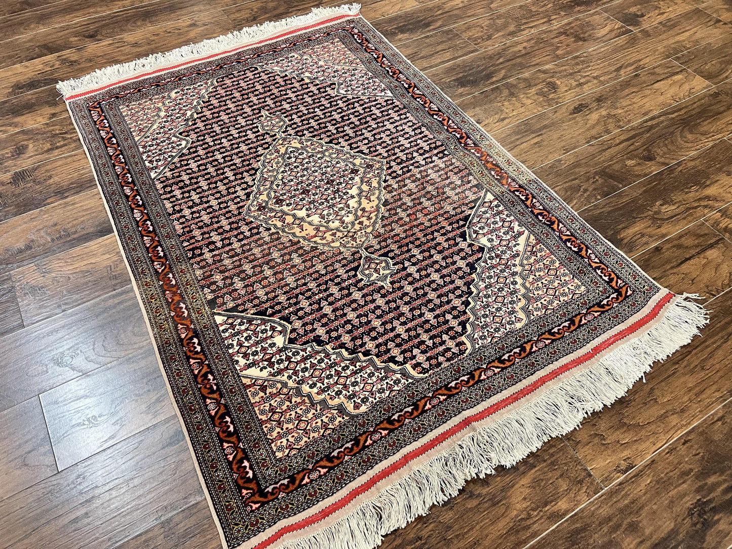 Afghan Rug Hand Knotted Wool Silk Highlights 4x5 Vintage Oriental Herati Pattern