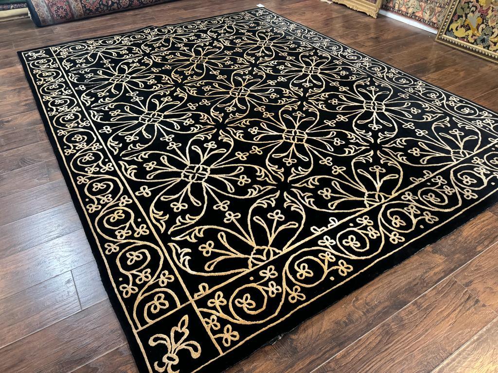 Tibetan Rug 8x10 Wool Silk Handmade With Raised Pattern Black And Gold Floral