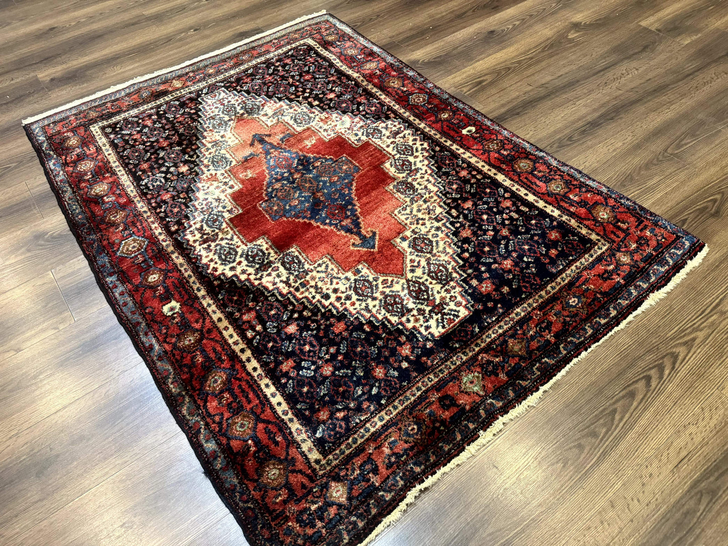 Senneh Rug Antique Persian Kurdish 4x5 Wool Geometric Medallion Carpet