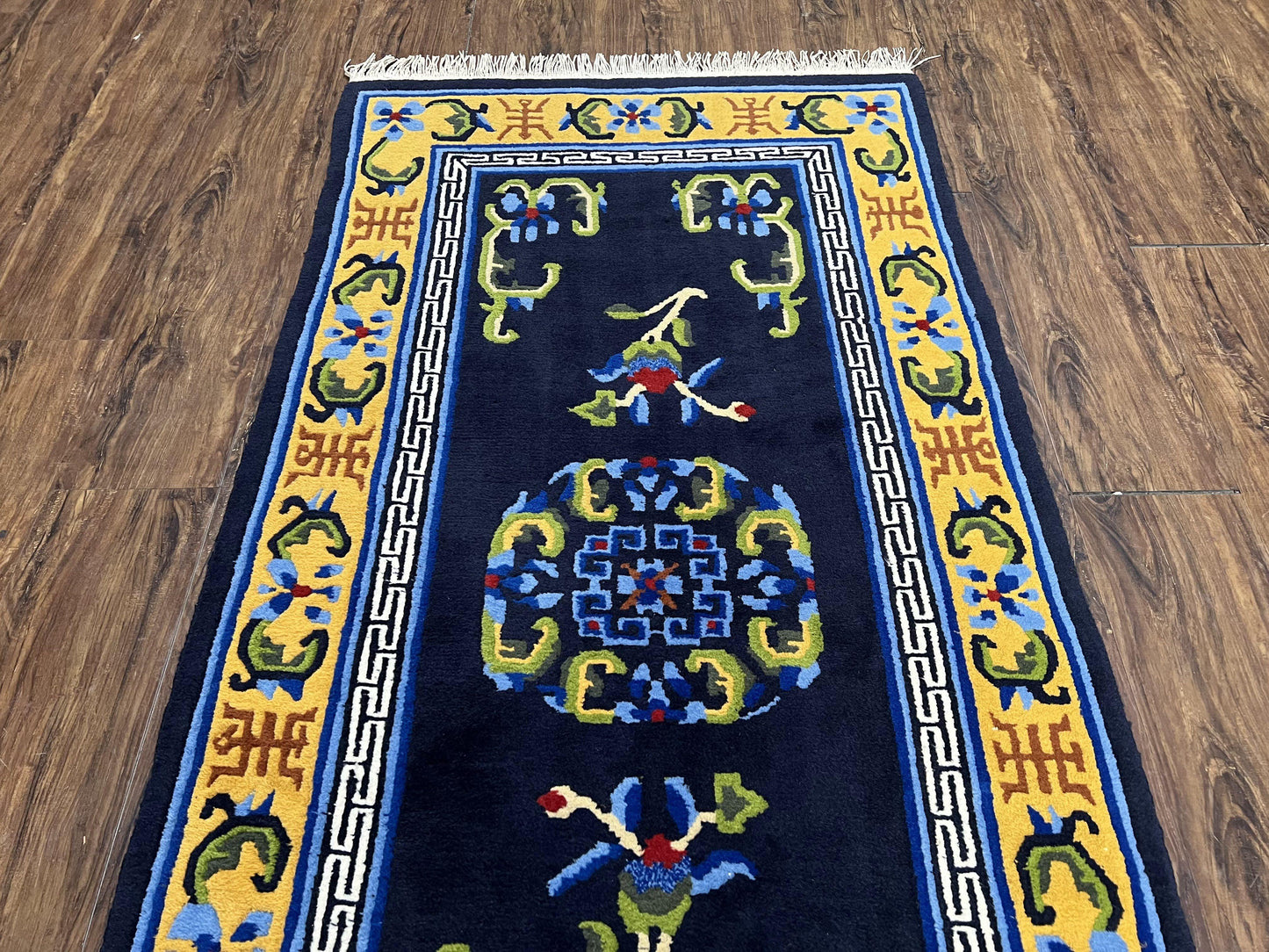Chinese Art Deco Rug Hand Knotted Vintage Wool Carpet 3x6 Dark Blue Gold Medallion