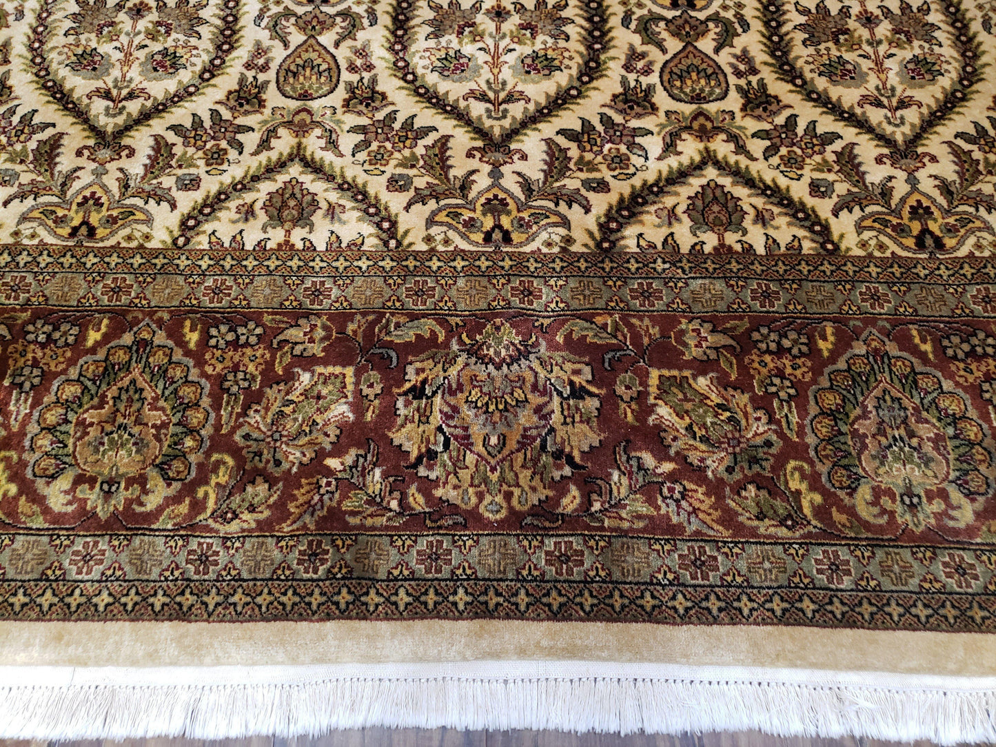 Vintage Indo Persian Area Rug 9x12, Wool Hand-Knotted Ivory & Dark Red Oriental Carpet, Fine Weave 9 x 12 Indian Rug, Dining Room Rug